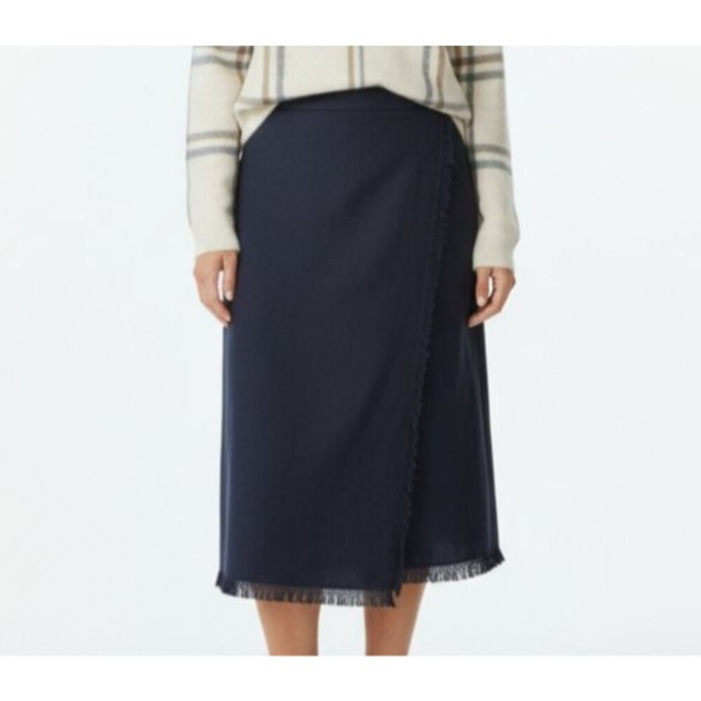 Vintage Harris Wallace Navy Blue Wrap Midi Skirt Women 12 Wool Lined Academia